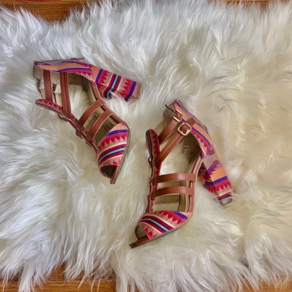 Colorful Tribal Print Block Heels